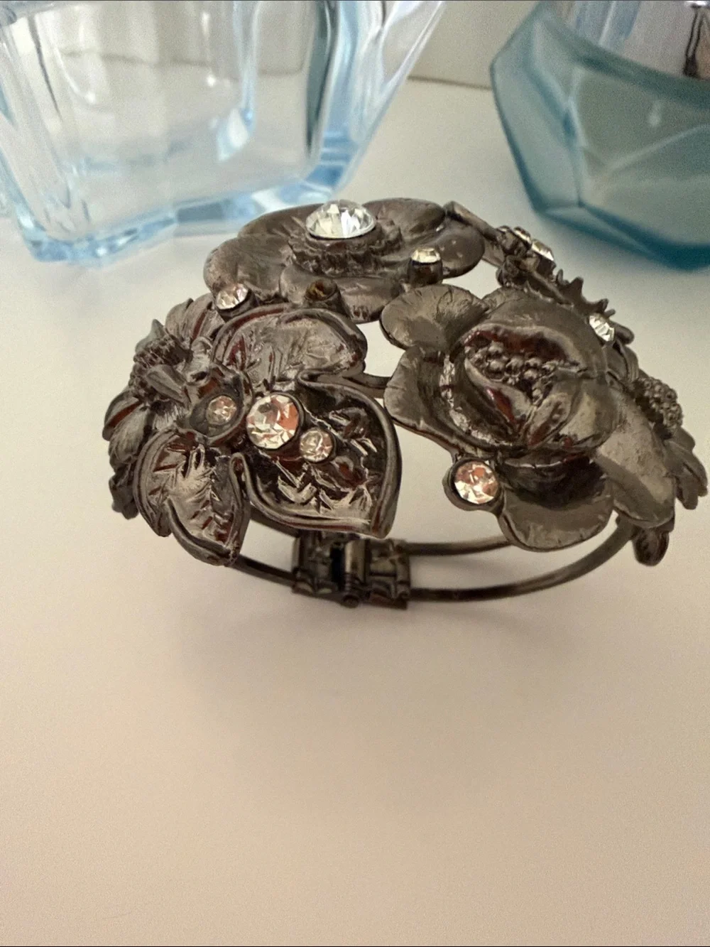 Floral Crystal Accent Bracelet - front snap shut , super cute! Silver tone